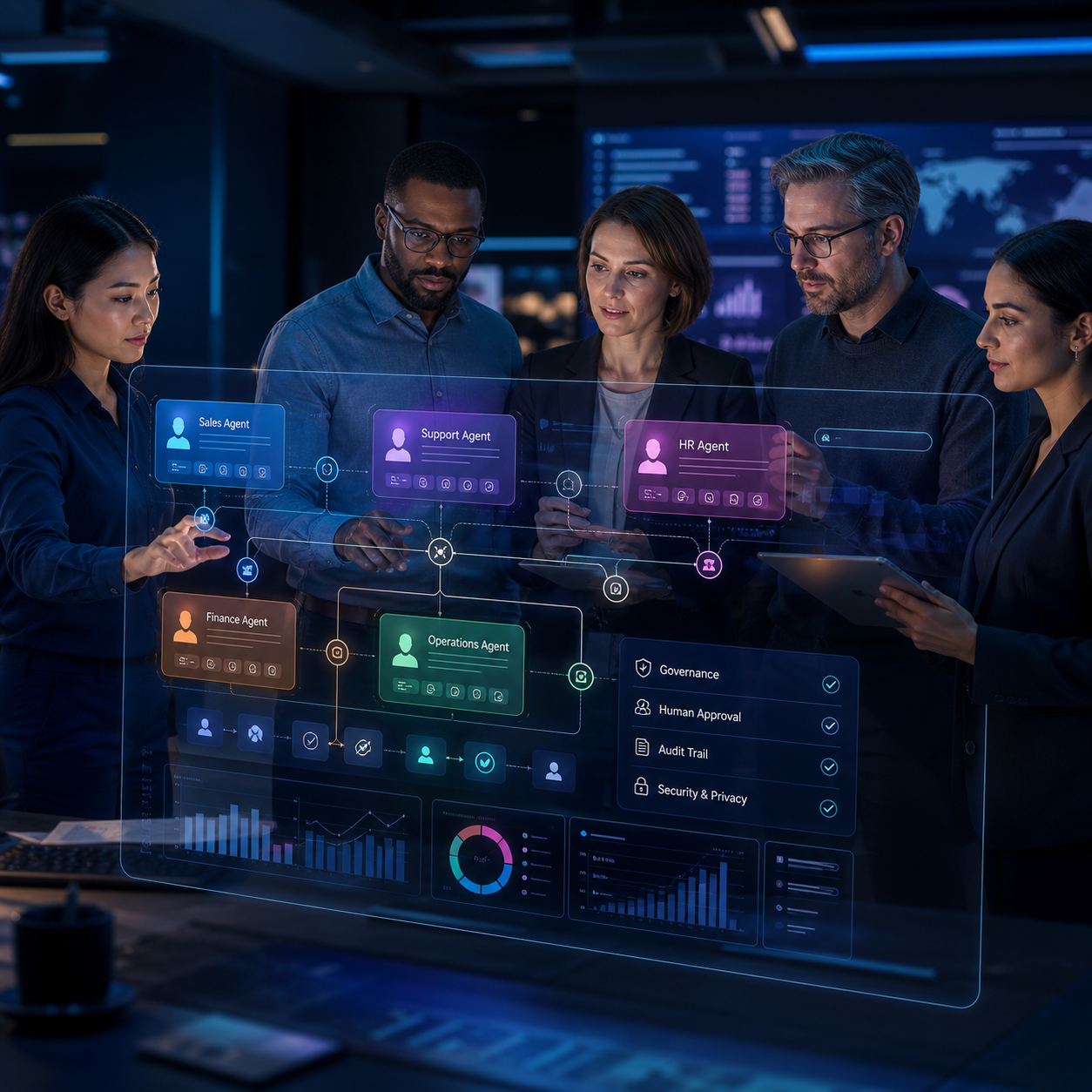 A business team configuring specialized AI agents for sales, support, HR, finance, and operations