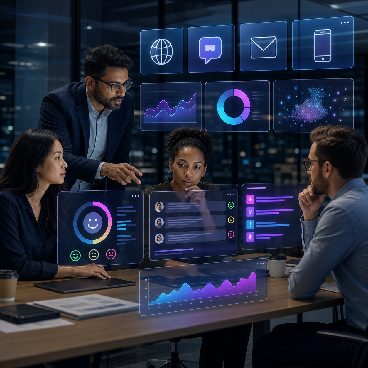An insights team analyzing survey responses, sentiment, channels, and customer feedback